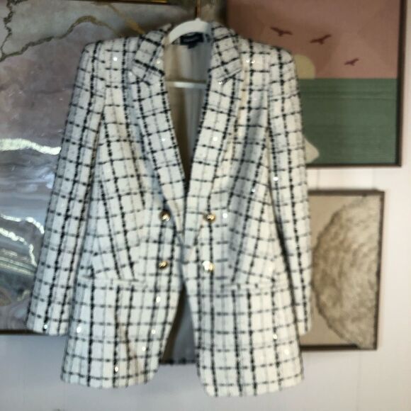 Express Womens Plaid Double Breasted Boyfriend Blazer Jacket Cream Black Medium - Picture 1 of 6